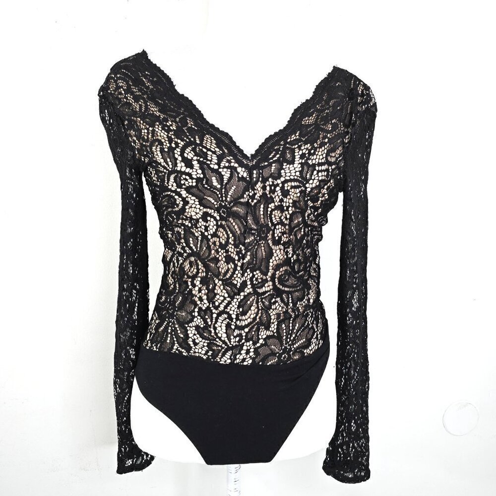 Express Black Long Sleeve Floral Lace V Neck SEXY Bodysuit Goth Whimsigoth